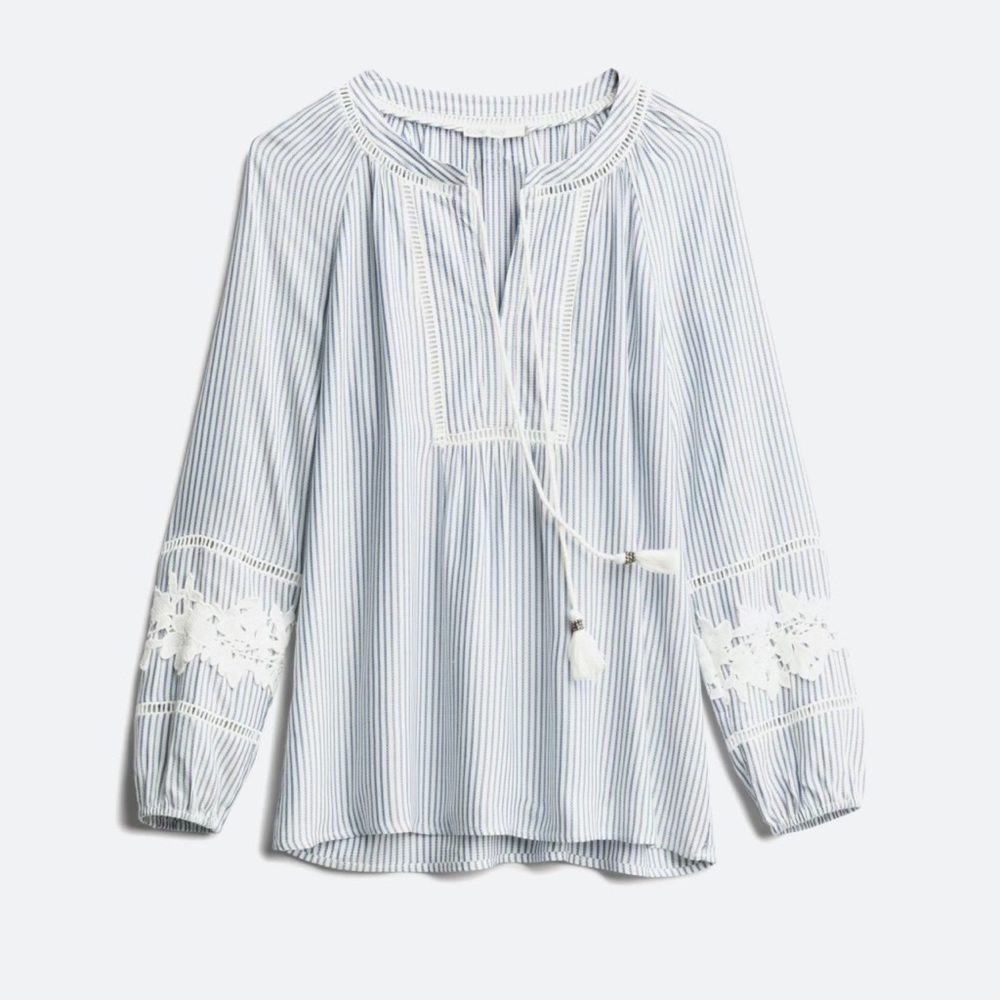 PALE SKY Women's Blue Stripe Tassel Neck Tie Long Sleeve Peasant Top